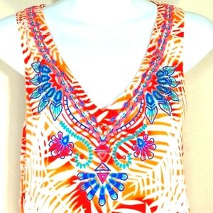 Bliss Couture Tank top Palm Leaf print embroidery white orange pink blue Bright